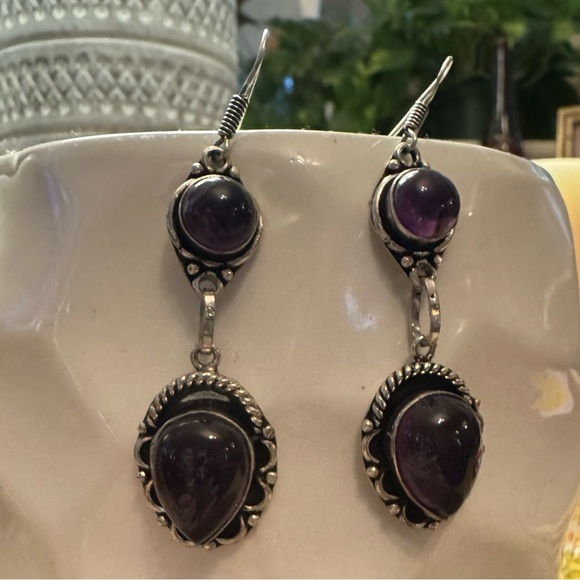Sterling Silver Amethyst Vintage Handmade Double Drop Earrings - Picture 6 of 6